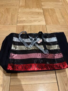 Victoria's Secret Black Sequin Striped Tote with Red Logo